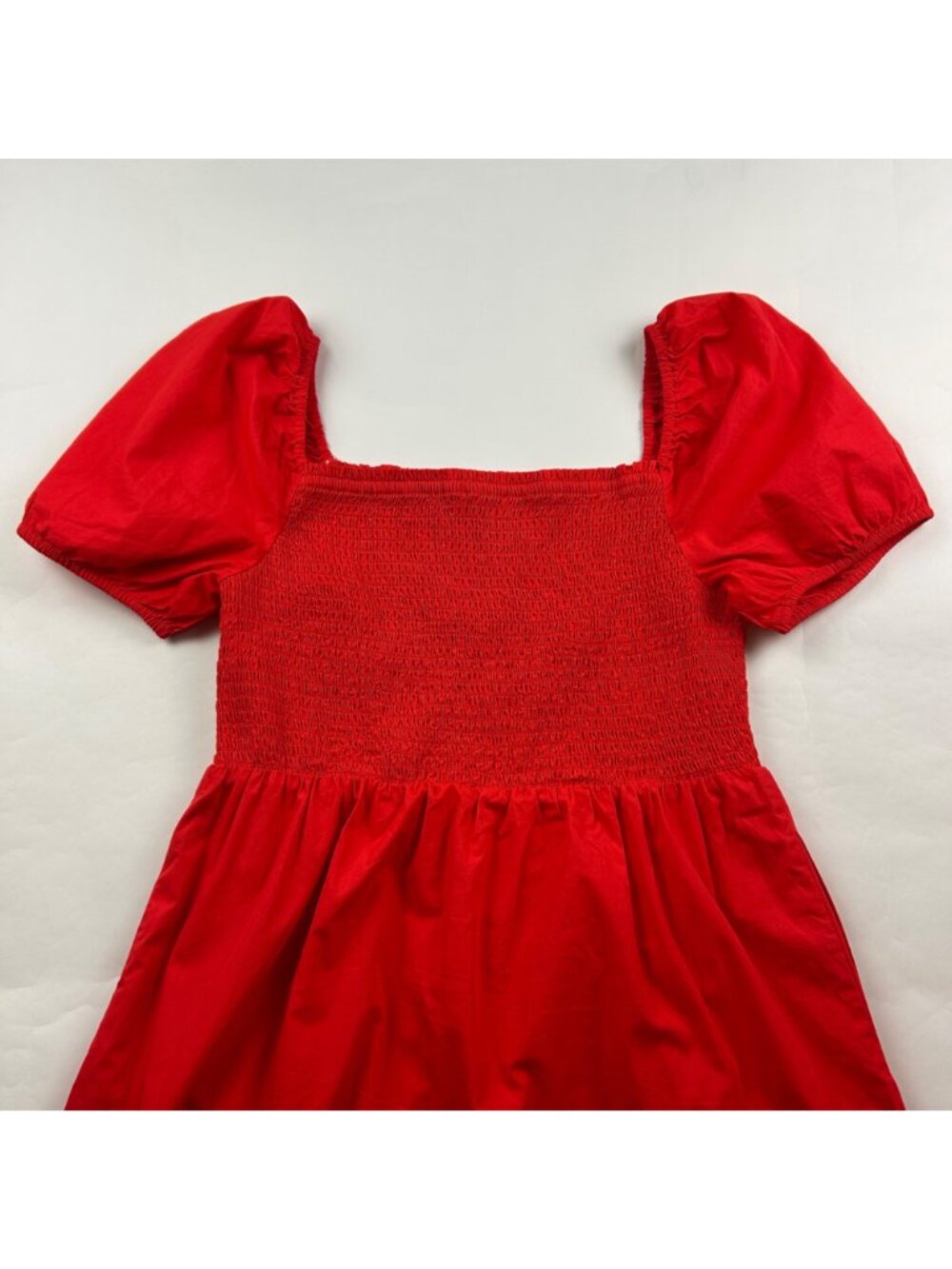 LOFT Red Cotton Smocked Bodice Puff Sleeve Mini Dress M - Picture 7 of 8
